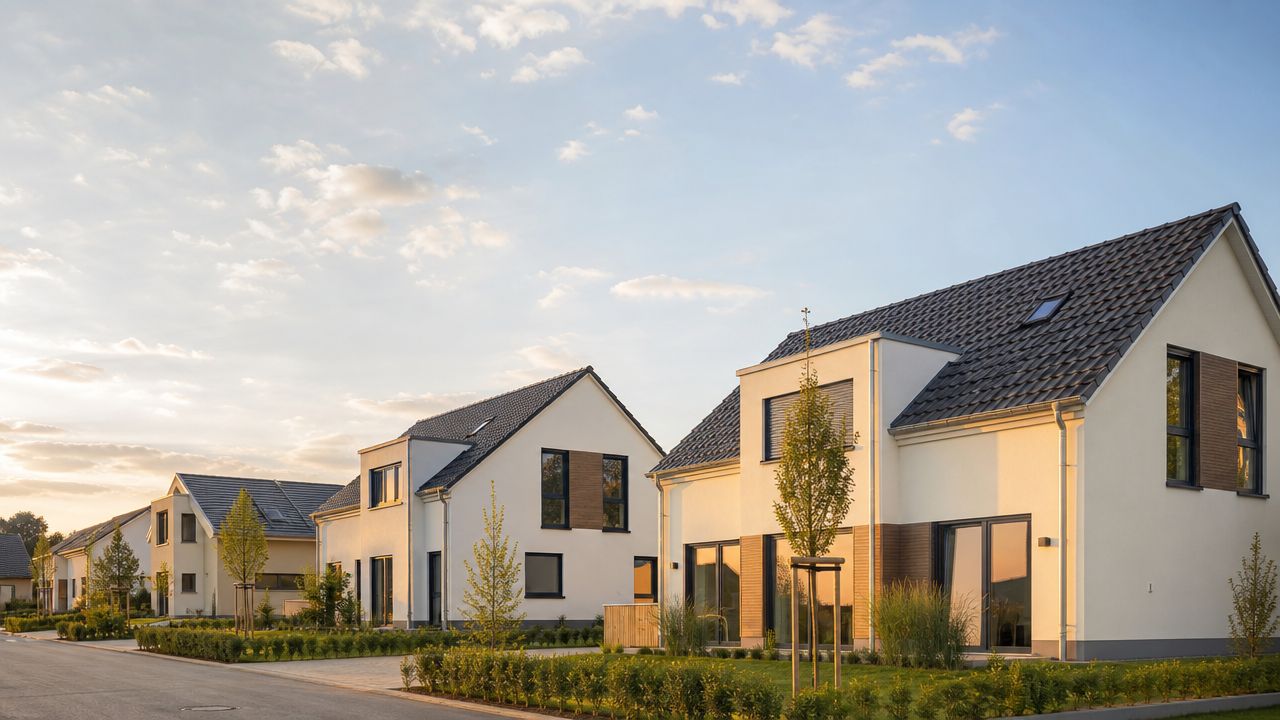 Moderne Einfamilienhäuser mit heller Fassade und dunklem Dach im Abendlicht